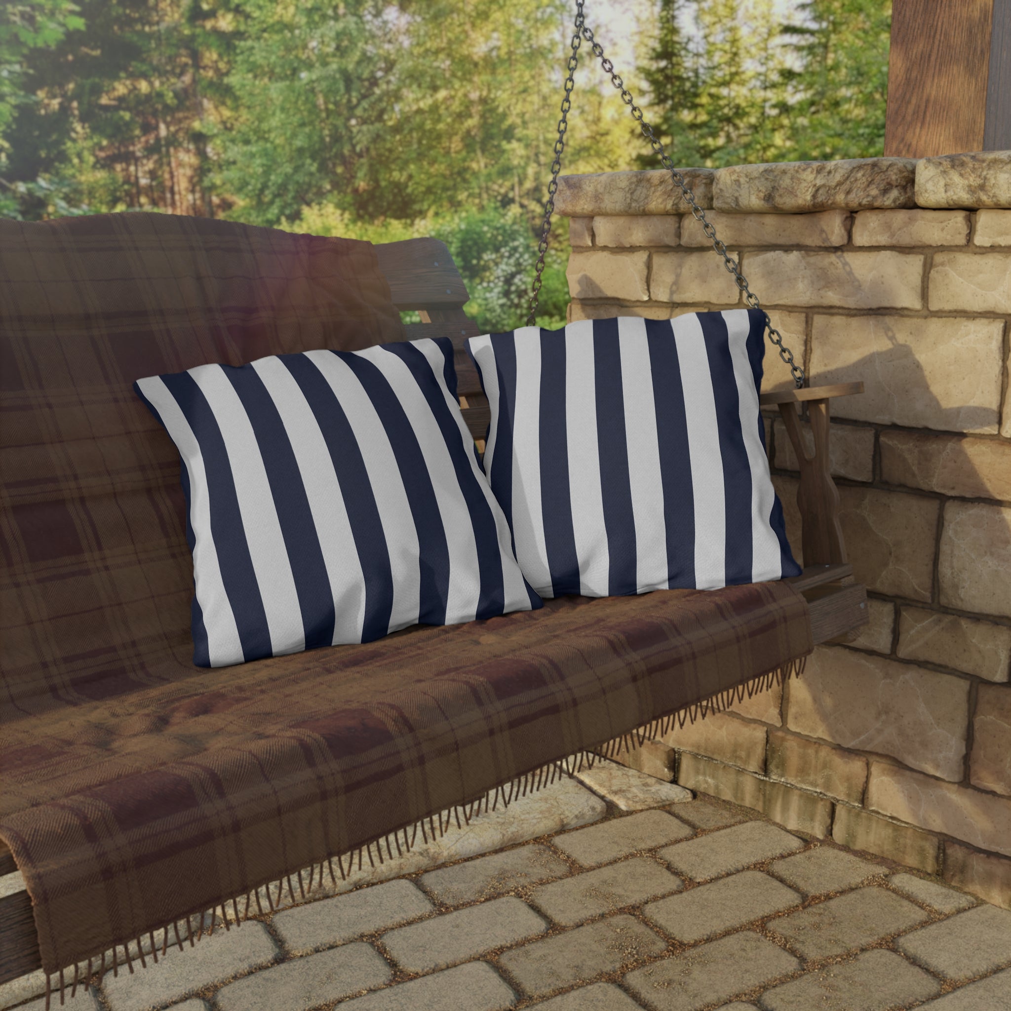 Navy blue White Stripe Outdoor Pillow | Coastal Patio Cushion