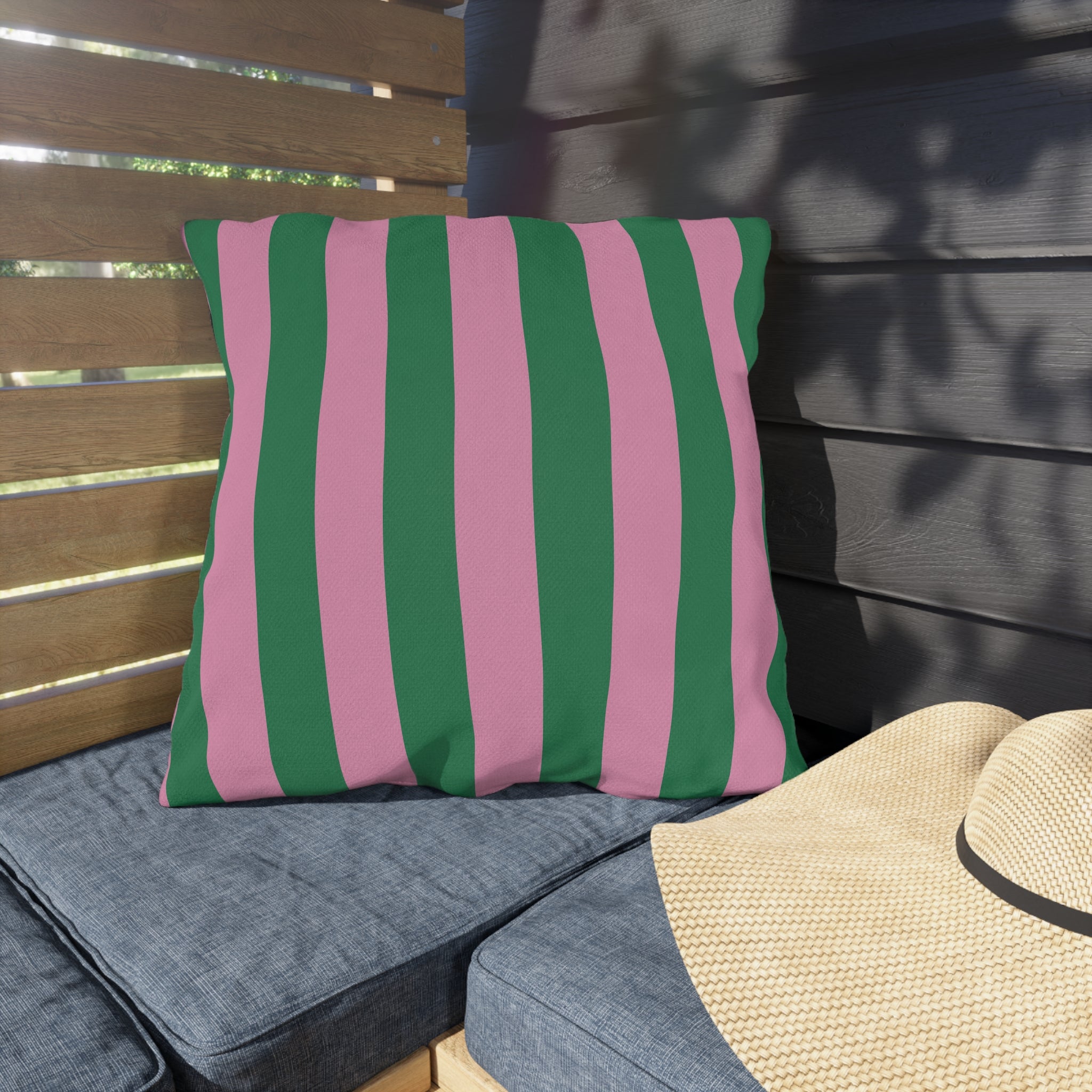 Pink and Green Vertical Stripe Outdoor Pillows | Patio Cushion, Poolside Decor