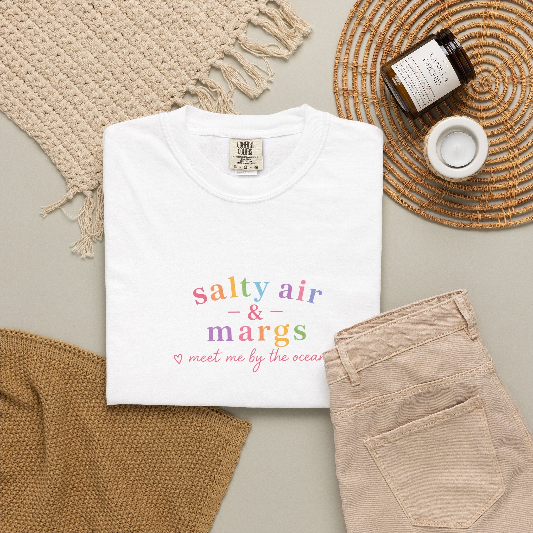 Funny T-Shirt Women Tee, Colourful Typographic Design Salty Air and Margs girls trip Tshirt