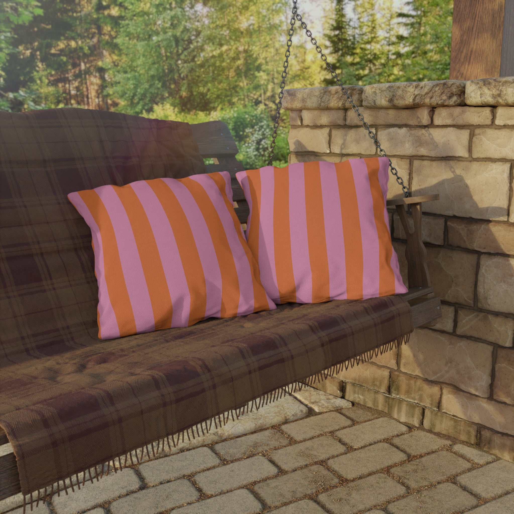 Orange and Pink Stripe Outdoor Pillow | Bold Striped Cushion for Patio