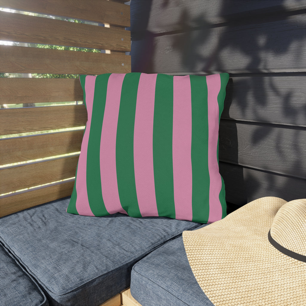 Pink and Green Vertical Stripe Outdoor Pillows | Patio Cushion, Poolside Decor