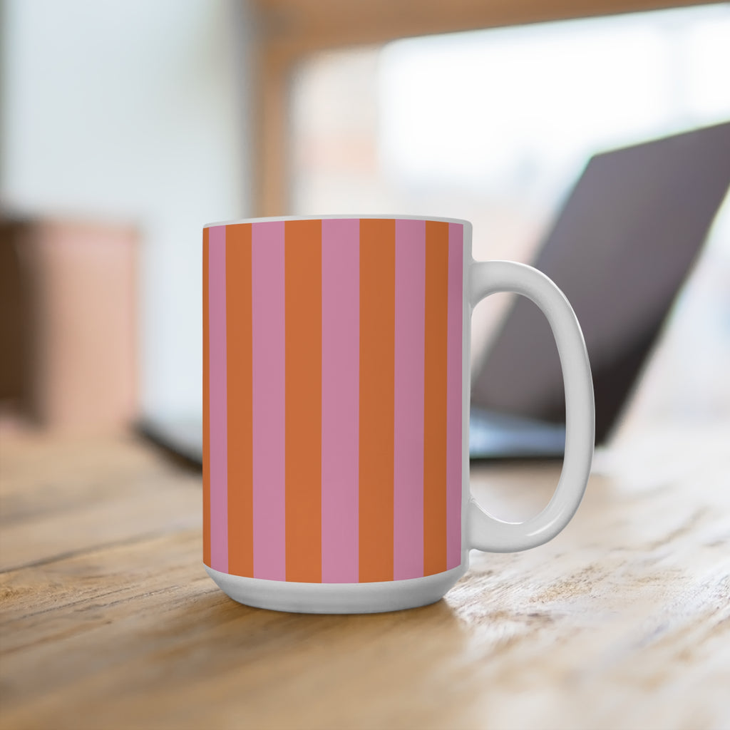 Pink Orange Striped Pattern Mug | 15oz Ceramic Coffee Cup