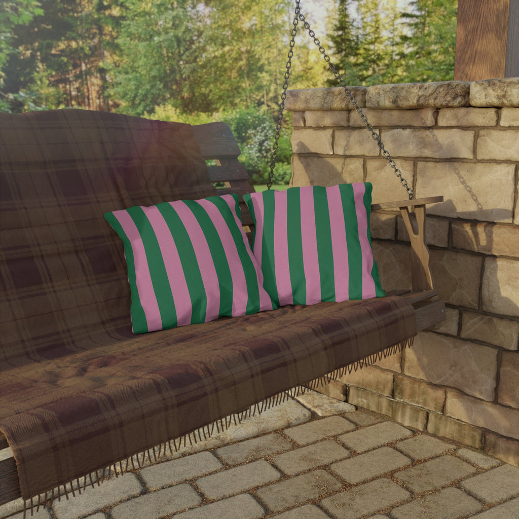 Pink and Green Vertical Stripe Outdoor Pillows | Patio Cushion, Poolside Decor