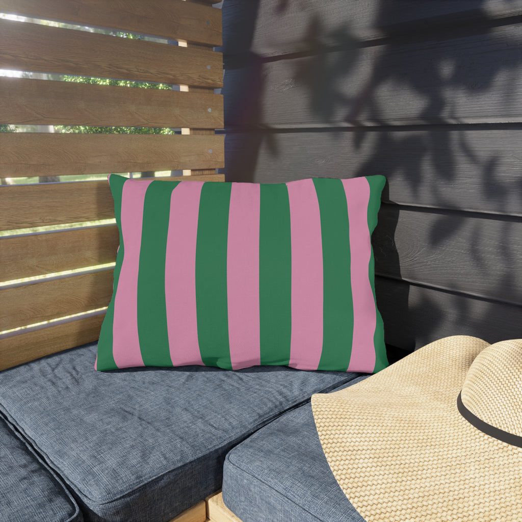 Pink and Green Vertical Stripe Outdoor Pillows | Patio Cushion, Poolside Decor