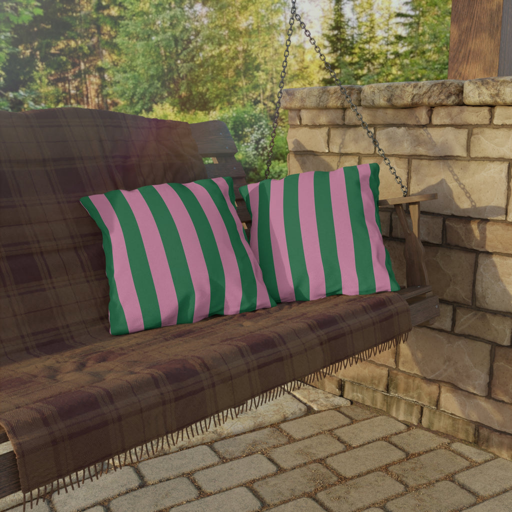 Pink and Green Vertical Stripe Outdoor Pillows | Patio Cushion, Poolside Decor