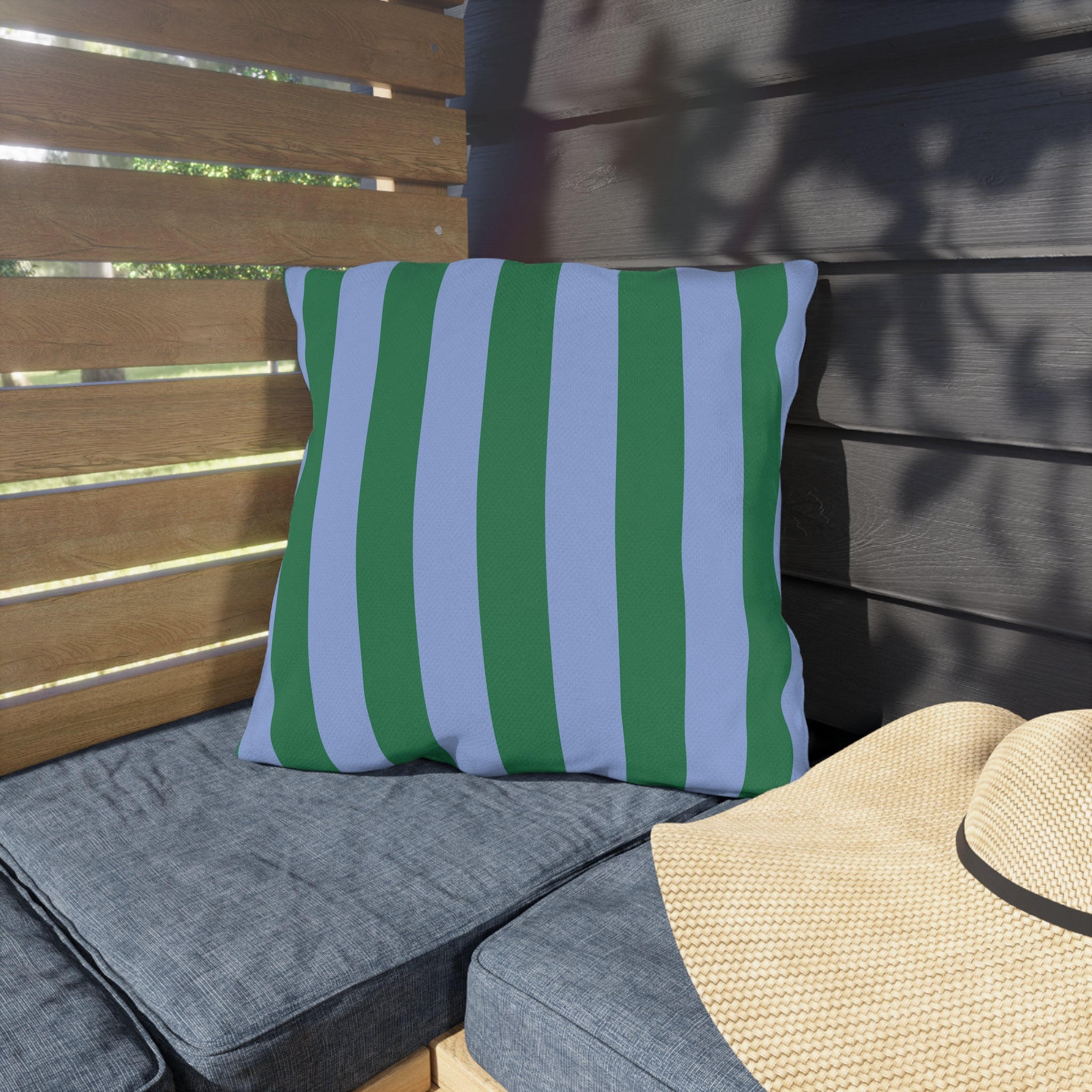Blue and Green Vertical Stripe Outdoor Pillow | Patio Cushion