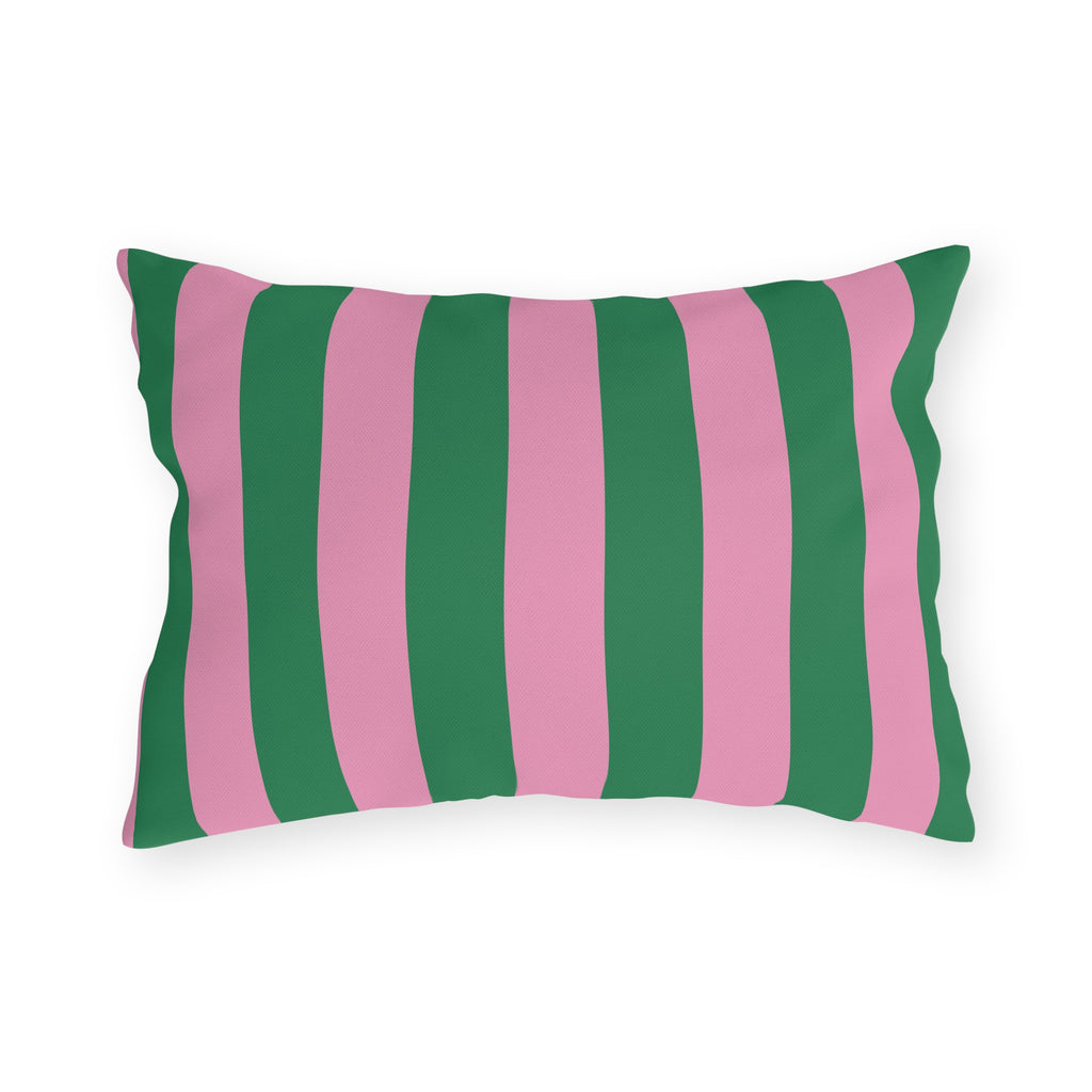 Pink and Green Vertical Stripe Outdoor Pillows | Patio Cushion, Poolside Decor