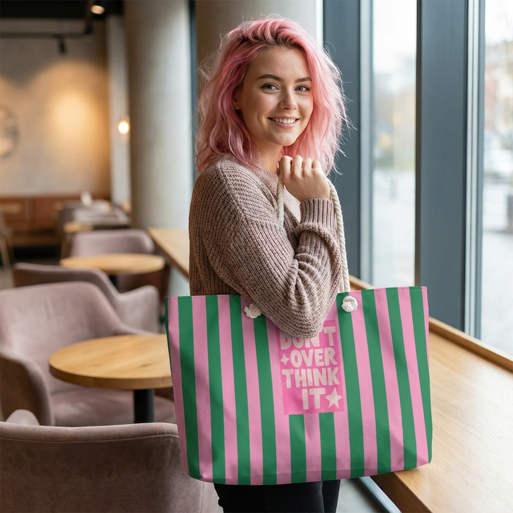 Pink and Green Striped Weekender Bag | Large Travel Tote
