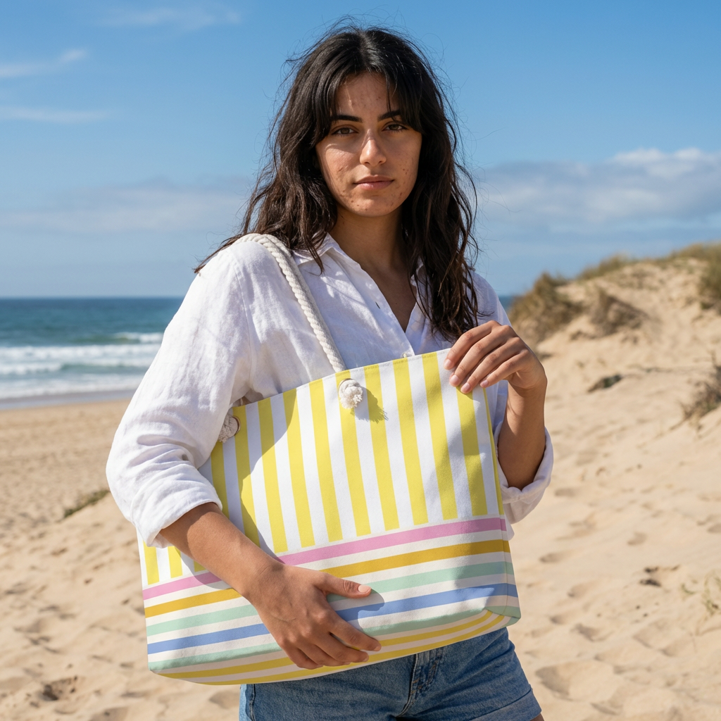 Striped Pastel Tote Weekender Bag | Beach Stripes, Rope Handles