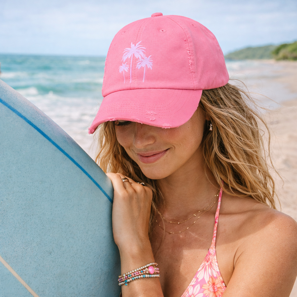 Pink Palm Trees Cap | Distressed Baseball Hat, Tropical Beach Design