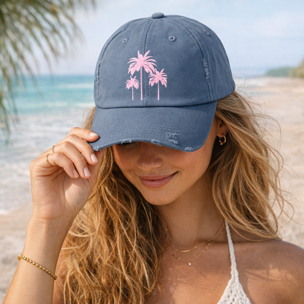 Pink Palm Trees Cap | Distressed Baseball Hat, Tropical Beach Design