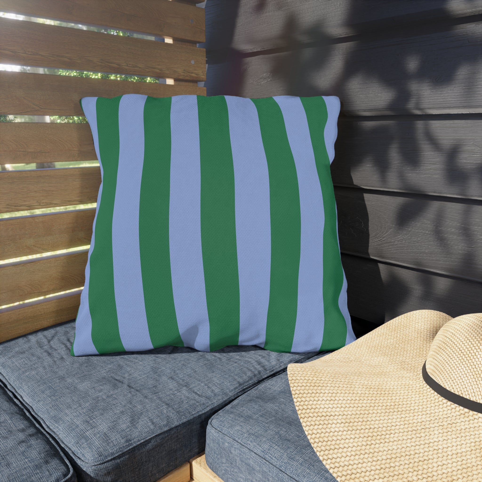 Blue and Green Vertical Stripe Outdoor Pillow | Patio Cushion