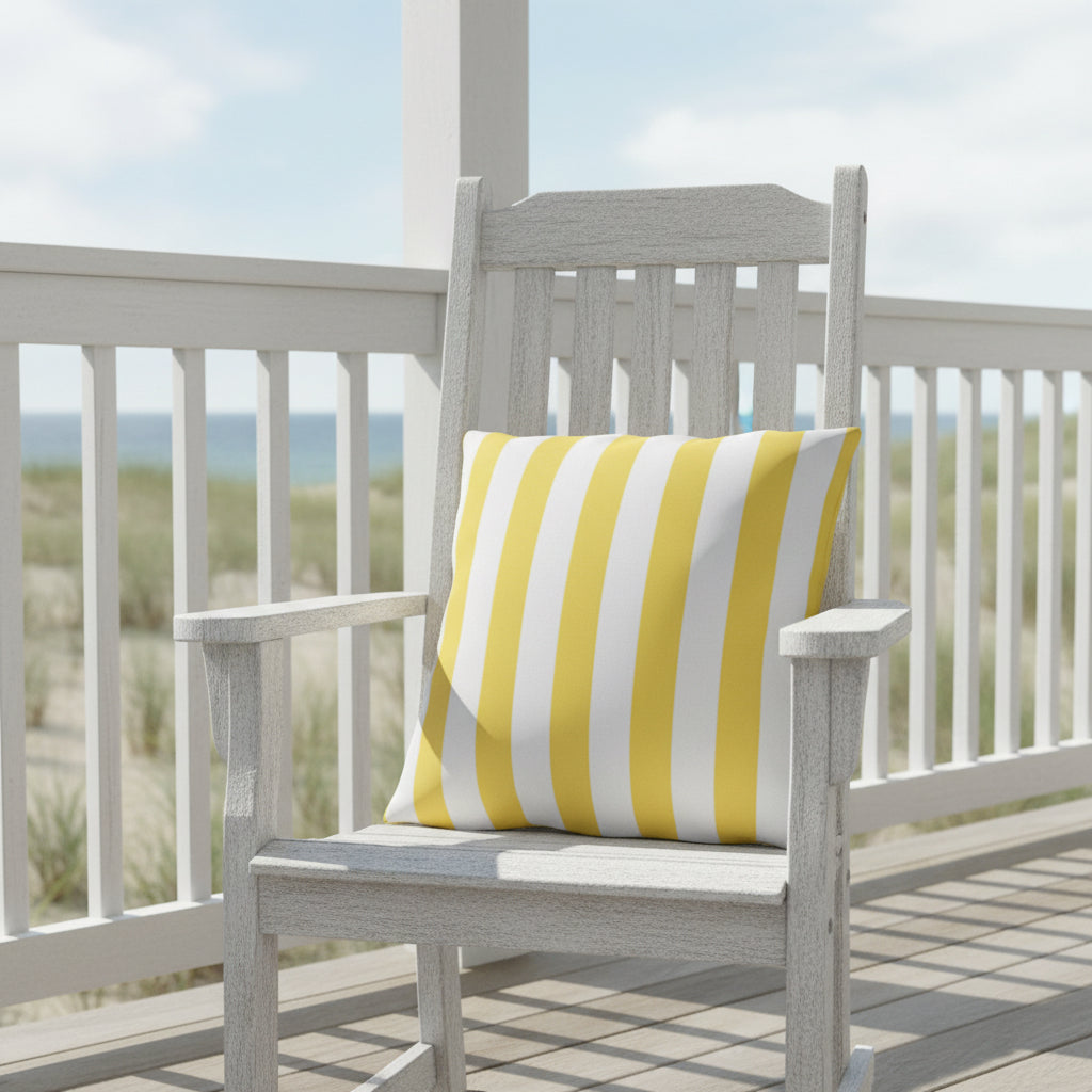 Yellow White Striped Outdoor Pillow | Patio Cushion, Nautical Poolside