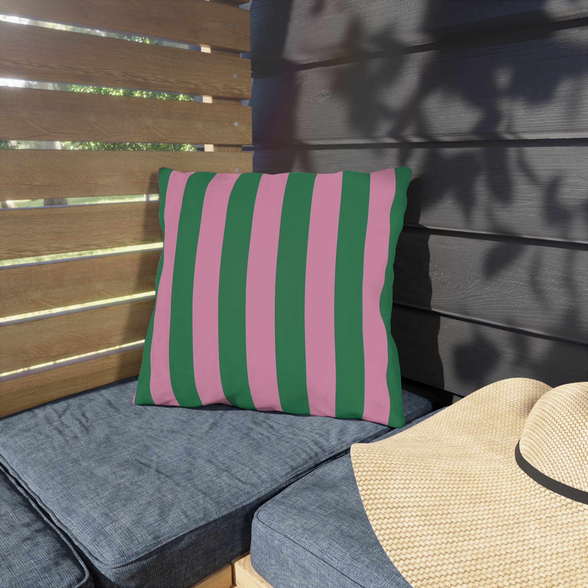 Pink and Green Vertical Stripe Outdoor Pillows | Patio Cushion, Poolside Decor