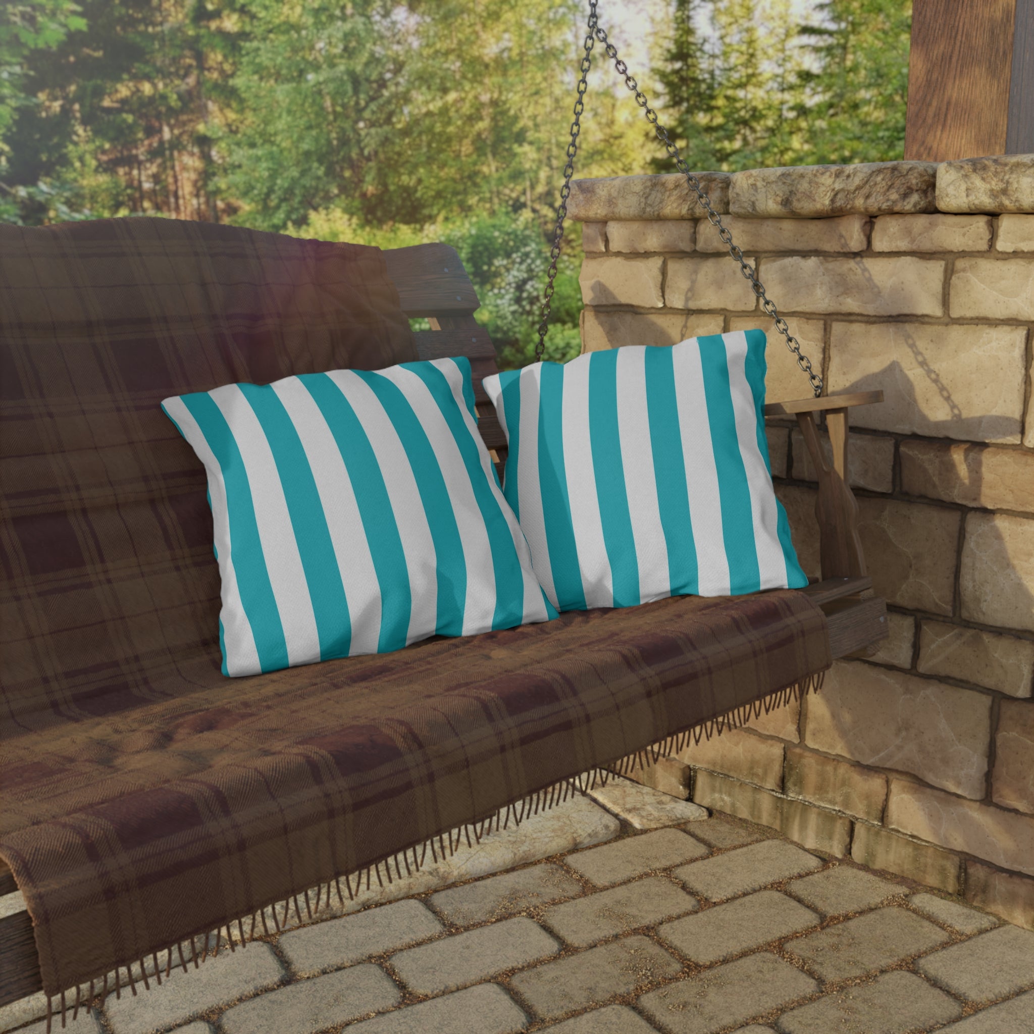 Teal Stripe Outdoor Pillows | Blue White Nautical Cushion