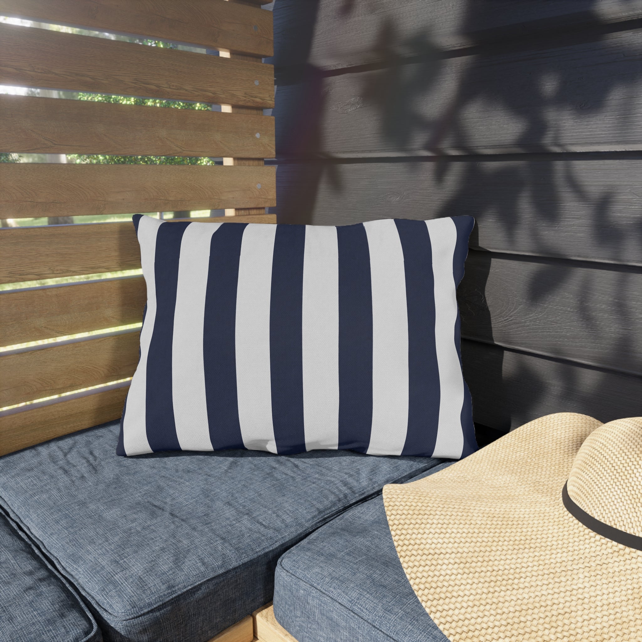 Navy blue White Stripe Outdoor Pillow | Coastal Patio Cushion