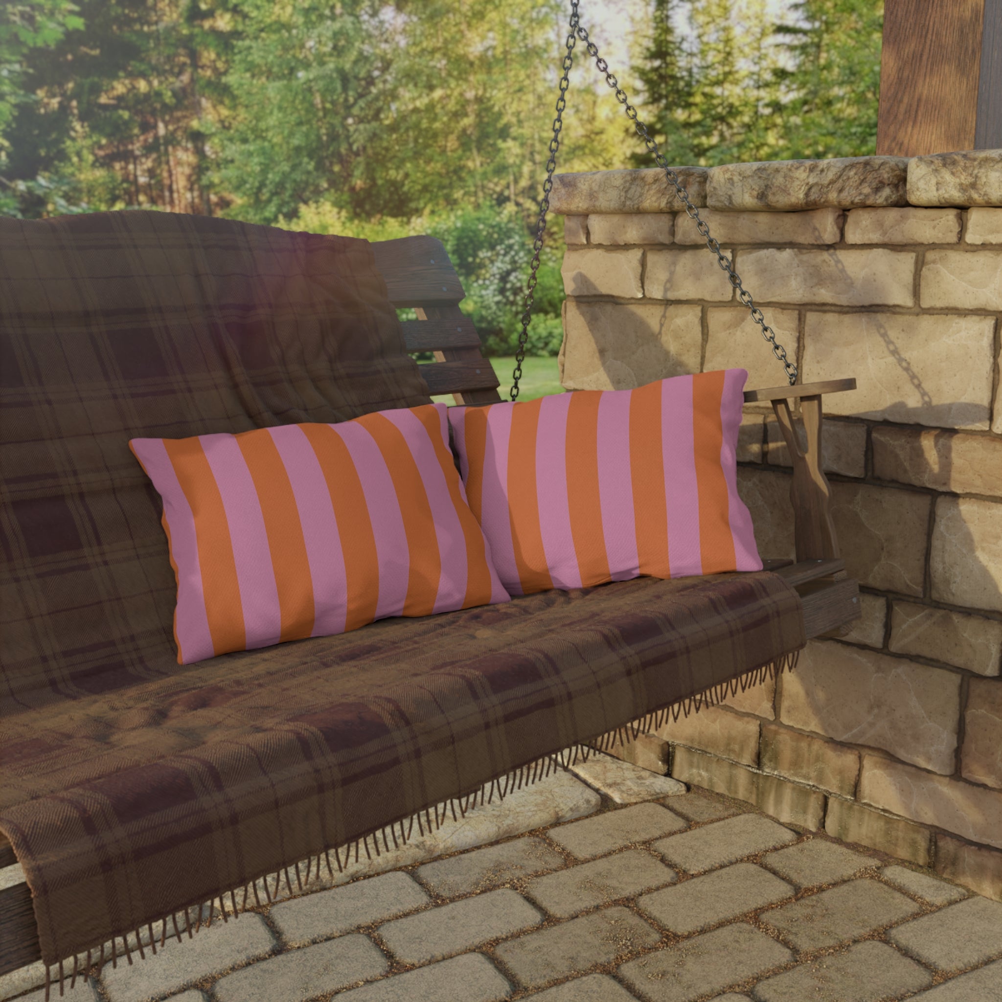 Orange and Pink Stripe Outdoor Pillow | Bold Striped Cushion for Patio