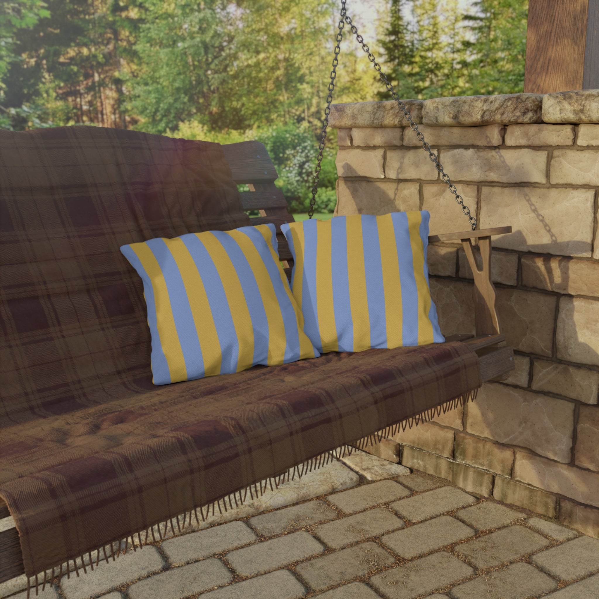 Blue and Yellow Stripe Outdoor Pillows | Coastal Patio Cushion