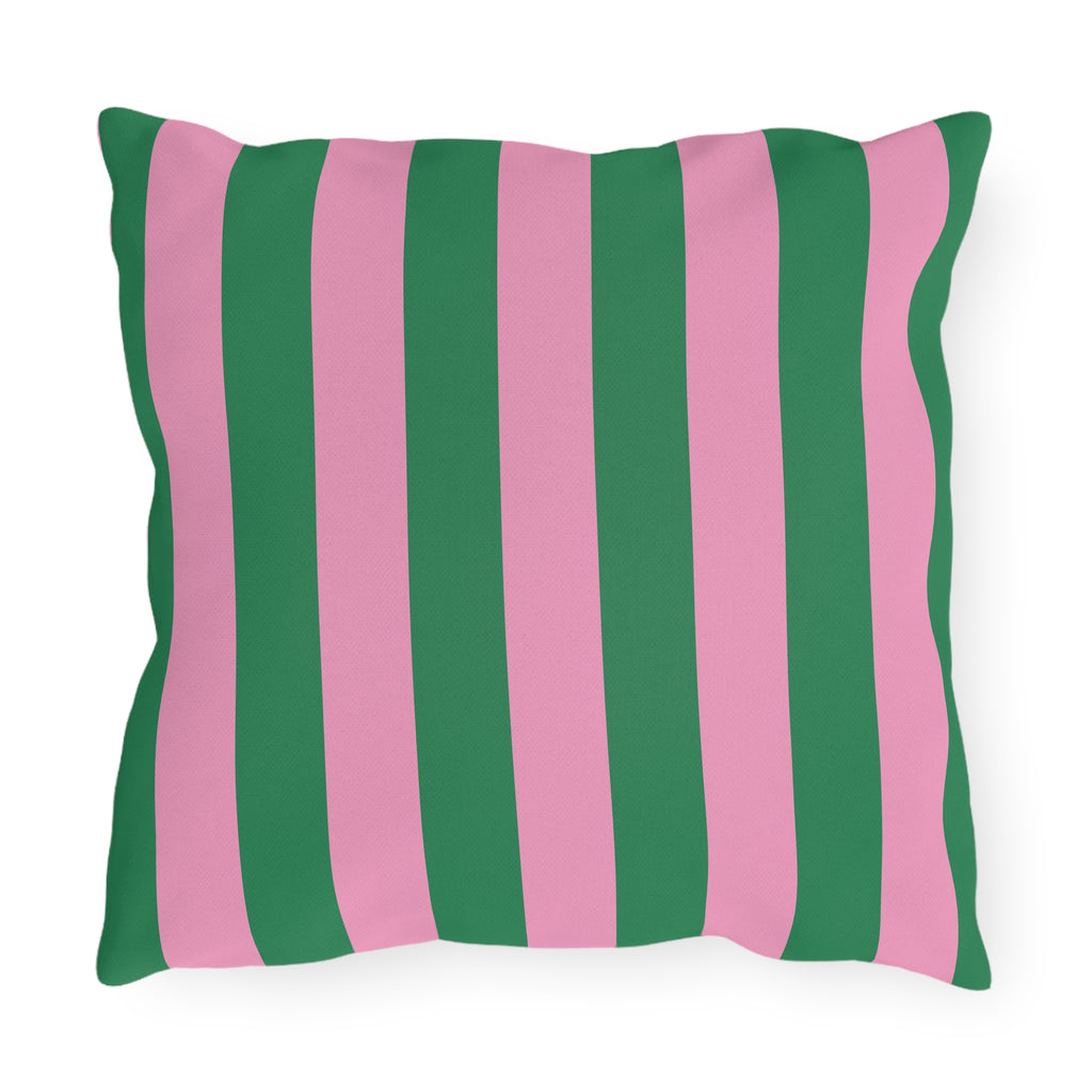 Pink and Green Vertical Stripe Outdoor Pillows | Patio Cushion, Poolside Decor