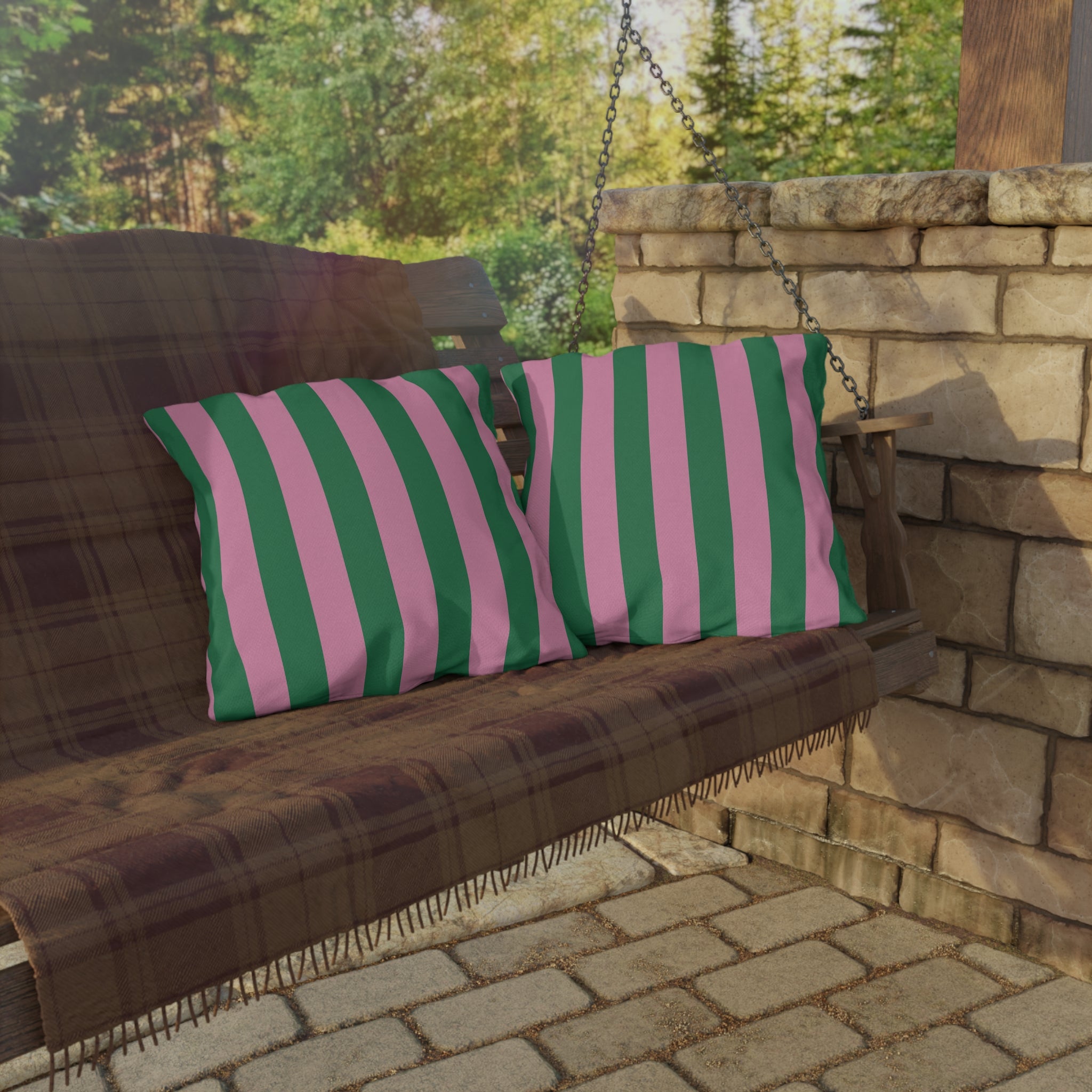 Pink and Green Vertical Stripe Outdoor Pillows | Patio Cushion, Poolside Decor