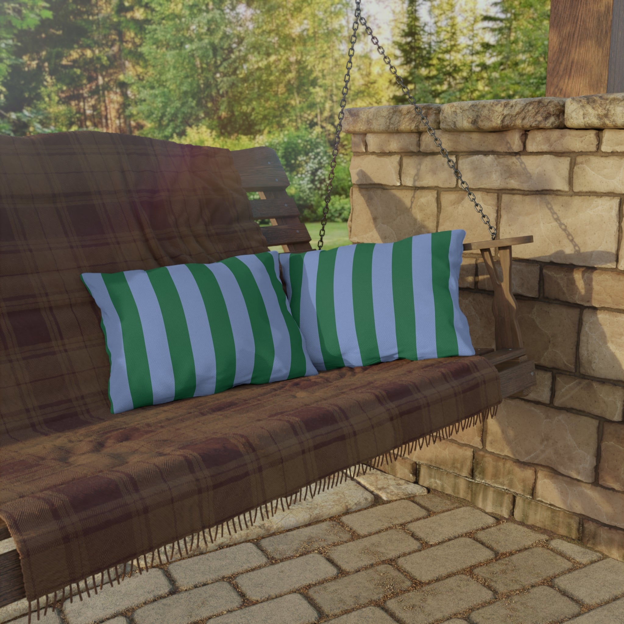 Blue and Green Vertical Stripe Outdoor Pillow | Patio Cushion
