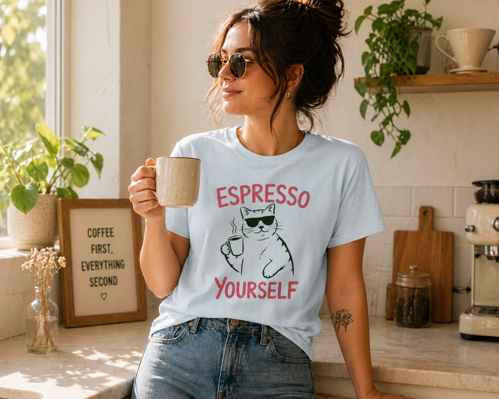 Espresso Yourself Cat T-shirt | Coffee Cat Illustration