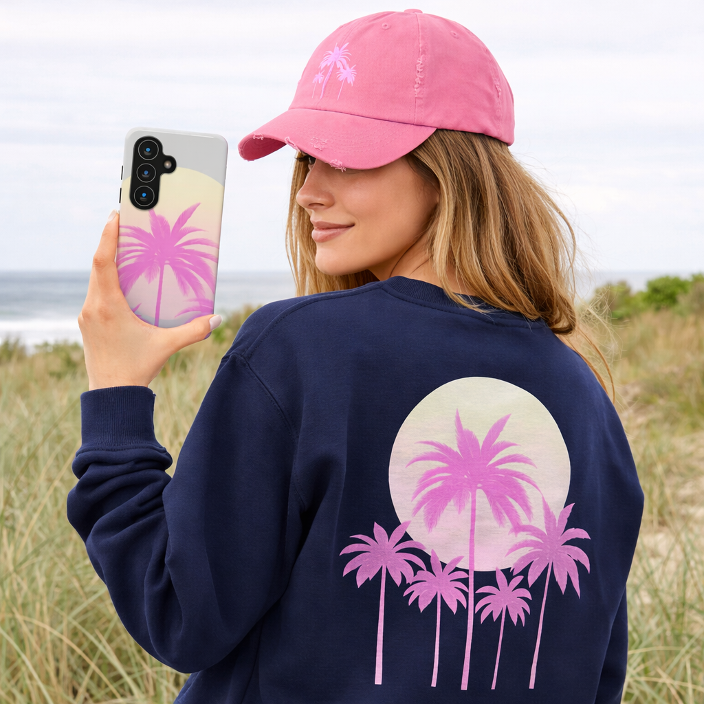 Coastal Pink Palm Sunset Tough Phone Case | Retro Tropical Beach Phone Case