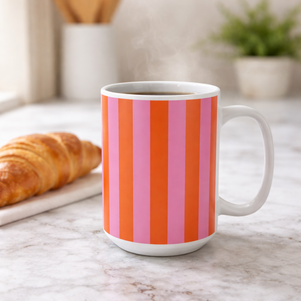 Pink Orange Striped Pattern Mug | 15oz Ceramic Coffee Cup