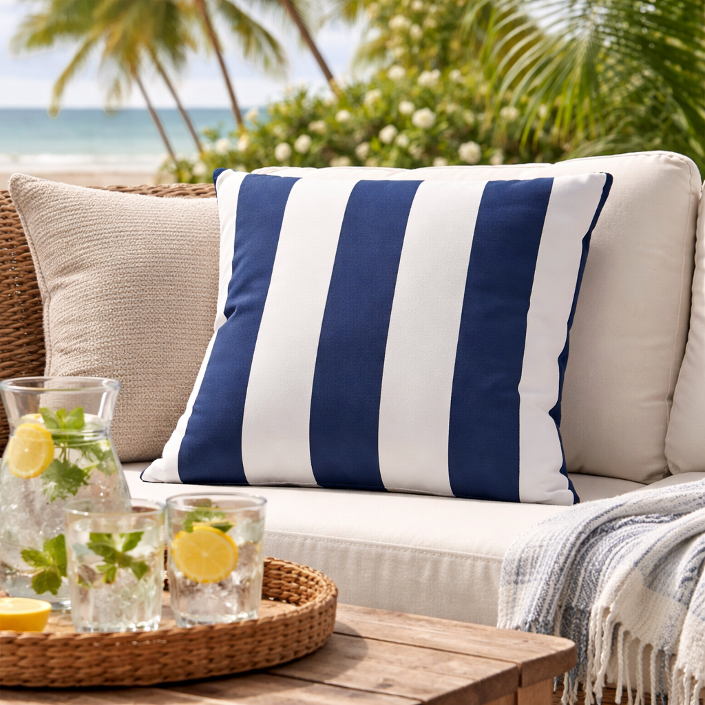 Navy blue White Stripe Outdoor Pillow | Coastal Patio Cushion