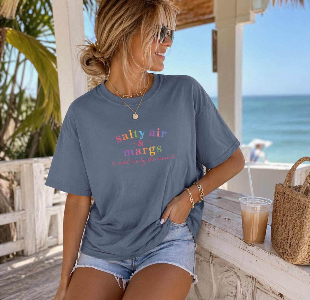 Funny T-Shirt Women Tee, Colourful Typographic Design Salty Air and Margs girls trip Tshirt