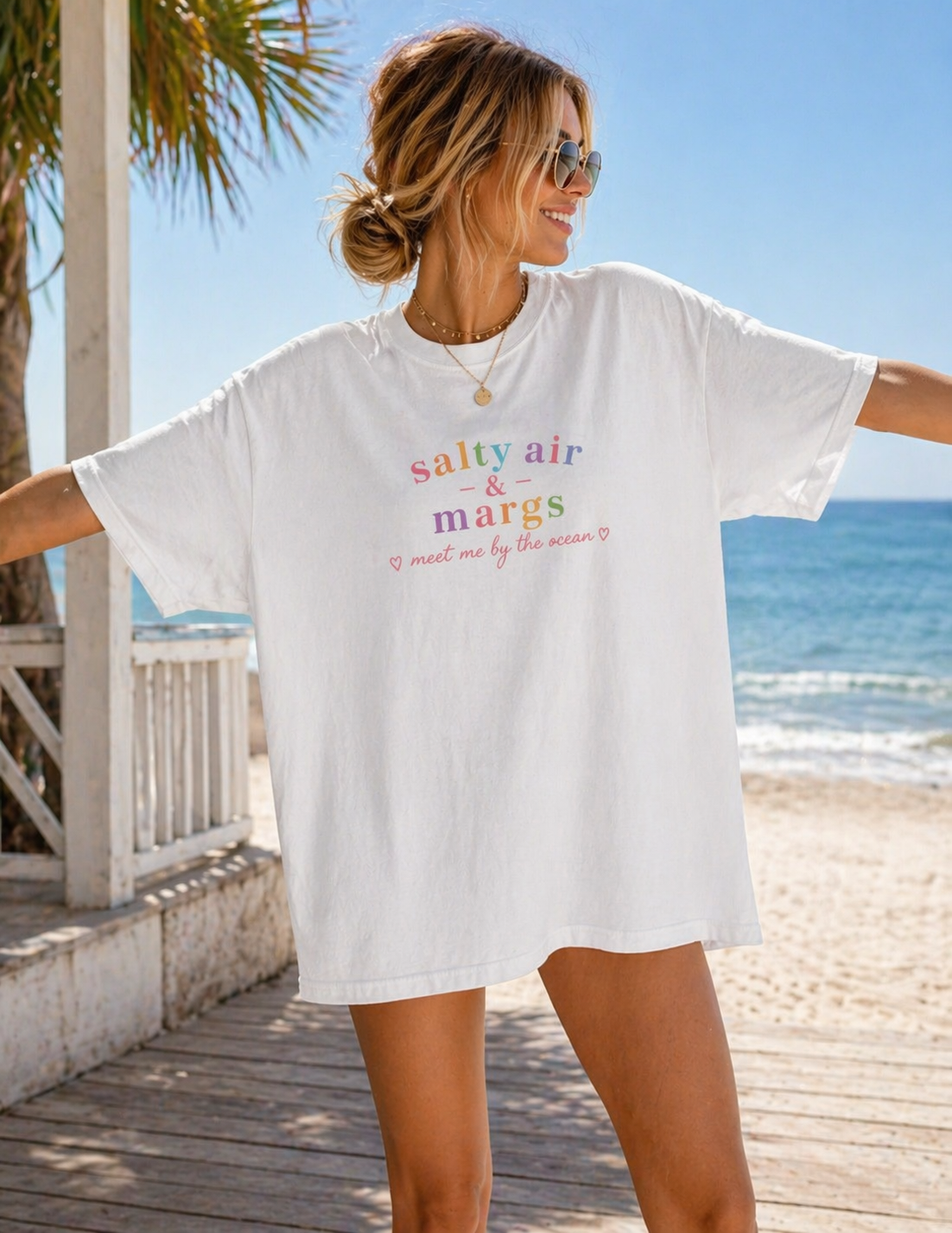 Funny T-Shirt Women Tee, Colourful Typographic Design Salty Air and Margs girls trip Tshirt